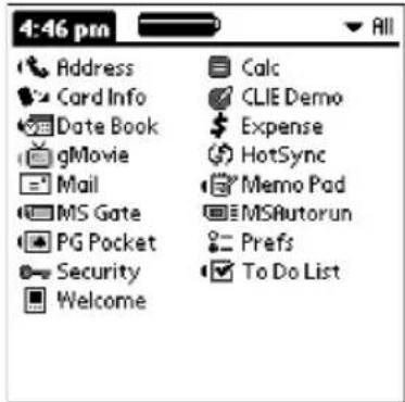 4:46 pm Address Calc Card Info CLIE Demo Date Book Expense gMovie HotSync Mail Memo Pad MS Gate MSAutorun PG Pocket Prefs Security To Do List Welcome