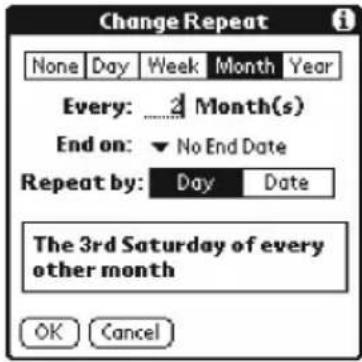 Change Repeat None Day Week Month Year Every: Month(s) End on: No End Date Repeat by: Day Date The 3rd Saturday of every other month OK Cancel