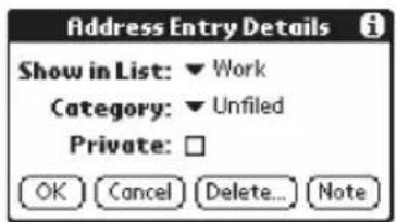 Address Entry Details Show in List: ▼ Work Category: ▼ Unfiled Private: □ OK Cancel Delete... Note