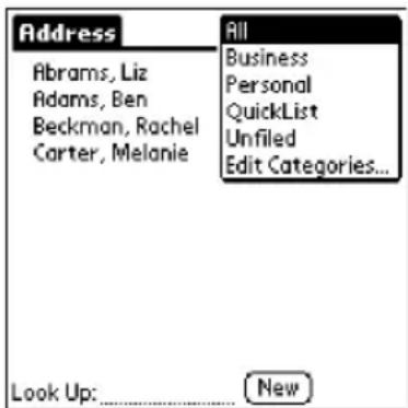 Address Abrams, Liz Adams, Ben Beckman, Rachel Carter, Melanie All Business Personal QuickList Unfiled Edit Categories... Look Up: _________ New