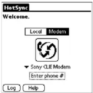 HotSync Welcome. Local Modem Sony CLIE Modem Enter phone # Log Help