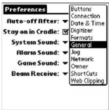 Preferences Auto-off After: ▼ Stay on in Cradle: ☑ System Sound: ▼ Alarm Sound: ▼ Game Sound: ▼ Beam Receive: ▼ Buttons Connection Date & Time Digitizer Formats General Jog Network Owner ShortCuts Web Clipping