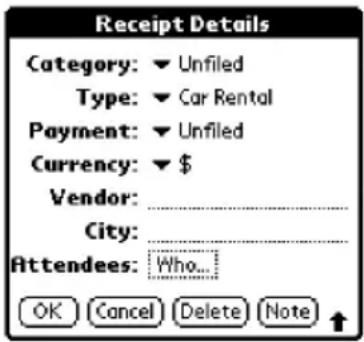 Receipt Details Category: ▼ Unfiled Type: ▼ Car Rental Payment: ▼ Unfiled Currency: ▼ $ Vendor: ________ City: ________ Attendees: Who... OK Cancel Delete Note ↑