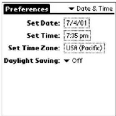 Preferences ▼ Date & Time Set Date: 7/4/01 Set Time: 7:35 pm Set Time Zone: USA (Pacific) Daylight Saving: ▼ Off