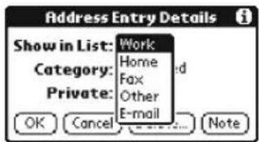 Address Entry Details Show in List: Category: Private: Work Home Fax Other E-mail OK Cancel Note