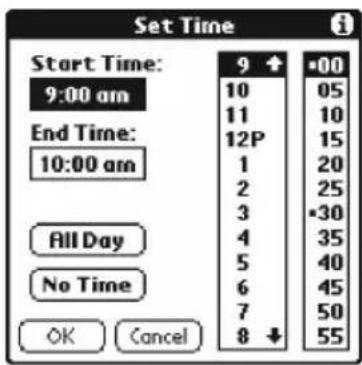 Set Time Start Time: 9:00 am End Time: 10:00 am All Day No Time OK Cancel 9 + •00 10 05 11 10 12P 15 1 20 2 25 3 •30 4 35 5 40 6 45 7 50 8 ↓ 55
