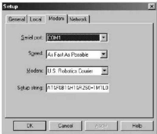 Setup General Local Modem Network Serial port: COM1 Speed: As Fast As Possible Modem: U.S. Robotics Courier Setup string: AT&F&B1&H1&R250-1M1L0 OK Cancel Apply Help