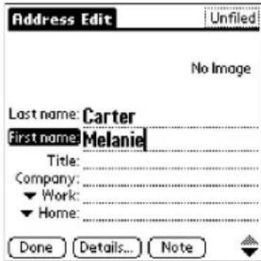 Address Edit Unfiled No Image Last name: Carter First name: Melanie Title: Company: ▼ Work: ▼ Home: Done Details... Note