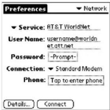 Preferences ▼ Service: AT&T WorldNet User Name: username@worldn et.att.net Password: -Prompt- Connection: ▼ Standard Modem Phone: Tap to enter phone Details... Connect