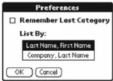 Preferences Remember Last Category List By: Last Name, First Name Company, Last Name OK Cancel