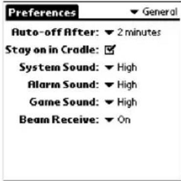 Preferences ▼ General Auto-off After: ▼ 2 minutes Stay on in Cradle: System Sound: ▼ High Alarm Sound: ▼ High Game Sound: ▼ High Beam Receive: ▼ On