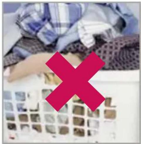 Image with a red 'X' symbol overlaying a blurred background of clothing and a grid of small images.
