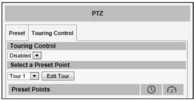 PTZ Preset Touring Control Touring Control Disabled Select a Preset Point Tour 1 Edit Tour Preset Points