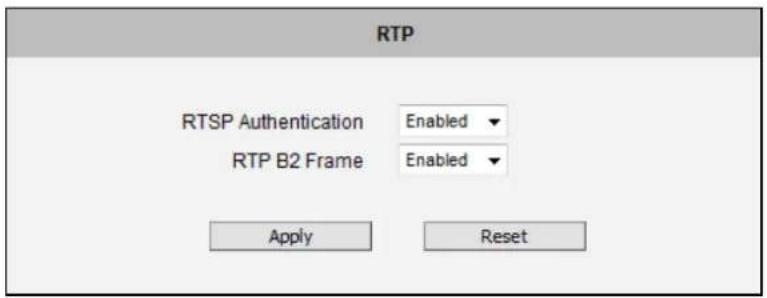 RTP RTSP Authentication Enabled RTP B2 Frame Enabled Apply Reset