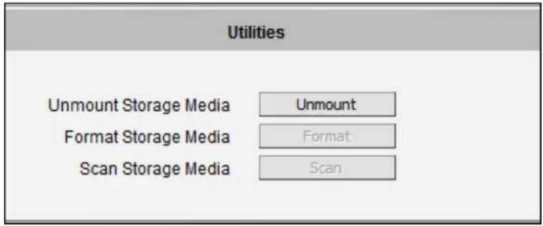 Utilities Unmount Storage Media Unmount Format Storage Media Format Scan Storage Media Scan