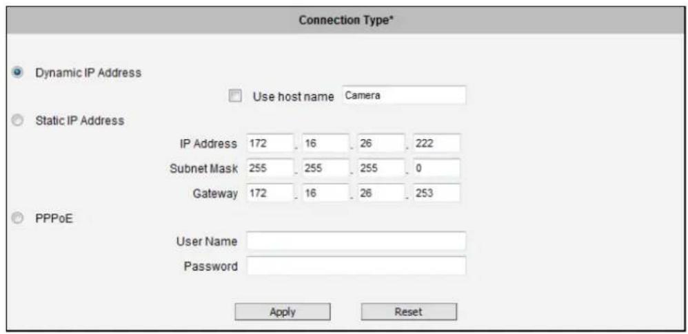 Connection Type* Dynamic IP Address Use host name Camera Static IP Address IP Address 172 16 26 222 Subnet Mask 255 255 255 0 Gateway 172 16 26 253 PPPoE User Name Password Apply Reset