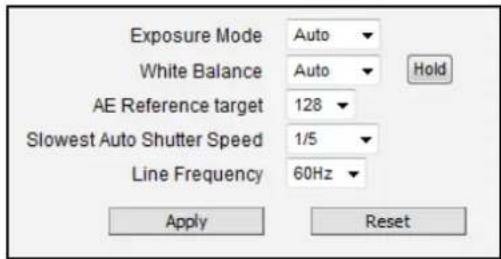 Exposure Mode Auto White Balance Auto Hold AE Reference target 128 Slowest Auto Shutter Speed 1/5 Line Frequency 60Hz Apply Reset