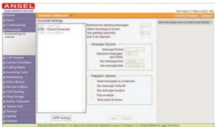 ANSEL www.ansel.com.me Submarine Configuration Home Users Confemencing Visited General settings for vsseral Voicemail Settings 8000 - Check Voicemail 8000 - Check Voicemail Extension for checking messages: if each recordings to email if any greeting (second(s)) Dial it for Operator Message Options: Message Format: Maximum messages: qor video: if any message time: if any message time: Playback Options: Send messages by a mail info; Say message Caller: Say message duration Play windows All use to restore GETP Settings Copyright ©2019-2027 Split, No. 3 Split and Active are registered responses to the Split, No. 4 Aggregate Received page information