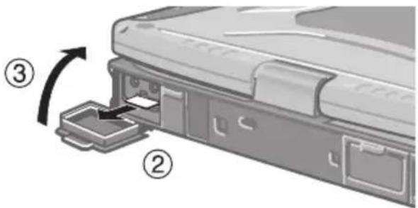 Diagram showing a device with labeled parts and directional arrows indicating movement or assembly steps
