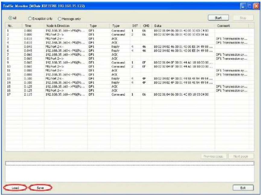 Traffic Monika (MGale EIP39701 192.168.35.172) All Exception only Message only Start Stop No. Time Node & Direction Type Type DST CMD Data Comment 1 0.000 192.168.35.169->*MG(Po... DF1 Command 1 06 10:02:01:04 06:00:01 40:03 10:03 C4:03 2 0.000 MG Port 2-> DF1 Command 2 06 10:02:02:04 06:00:01 40:03 10:03 C4: A6 3 0.018 MG Port 2-< DF1 ACK 4 0.018 192.168.35.169<-*MG(Po... DF1 ACK 5 0.040 MG Port 2-< DF1 Reply 4 46 10:02:04:02 46:00:01 40:00 EE 34 49:88 ... 6 0.045 192.168.35.169<-*MG(Po... DF1 Reply 4 46 10:02:04:02 46:00:01 40:00 EE 34 49:88 ... 7 0.065 192.168.35.169->*MG(Po... DF1 ACK 8 0.065 MG Port 2-> DF1 ACK 9 0.065 192.168.35.169->*MG(Po... DF1 Command 1 OF 10:02:01:04 OF 00:31 44 A1 10:10:00:00 ... 10 0.065 MG Port 2-> DF1 Command 2 OF 10:02:02:04 OF 00:31 44 A1 10:10:00:00 ... 11 0.088 MG Port 2-< DF1 ACK 12 0.088 192.168.35.169<-*MG(Po... DF1 ACK 13 0.108 MG Port 2-< DF1 Reply 4 4F 10:02:04:02 4F 00:31 44 S5 4E 54 49:54 ... 14 0.108 192.168.35.169<-*MG(Po... DF1 Reply 4 4F 10:02:04:02 4F 00:31 44 S5 4E 54 49:54 ... 15 0.125 192.168.35.169->*MG(Po... DF1 ACK 16 0.125 MG Port 2-> DF1 ACK 17 2.125 192.168.35.169->*MG(Po... DF1 Command 1 OF 10:02:01:04 06:00:31 4C 03 10:03:04:00 Previous tag: Next page Load Save Exit