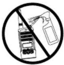 Prohibition sign showing a walkie-talkie and a hand holding a spray bottle, crossed out by a diagonal line.