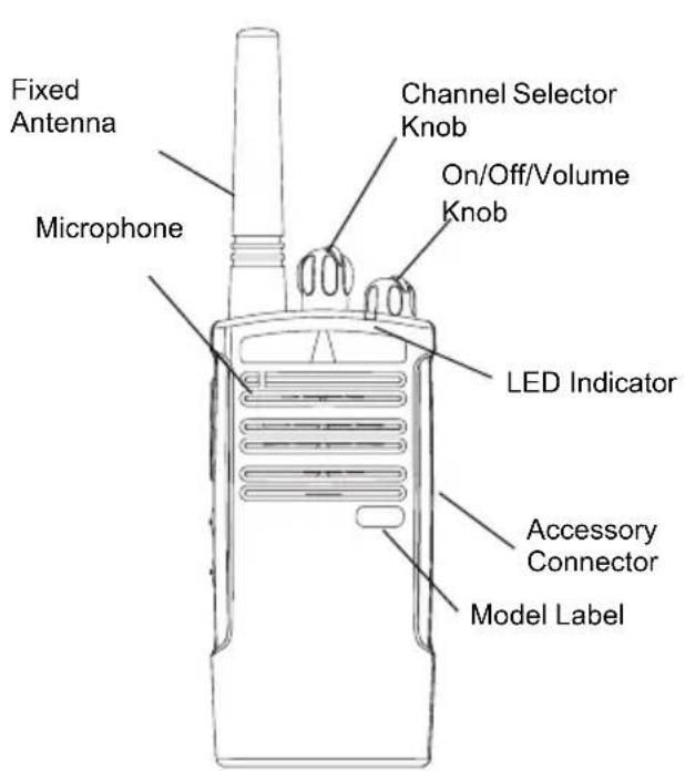 Fixed Antenna Microphone Channel Selector Knob On/Off/Volume Knob LED Indicator Accessory Connector Model Label