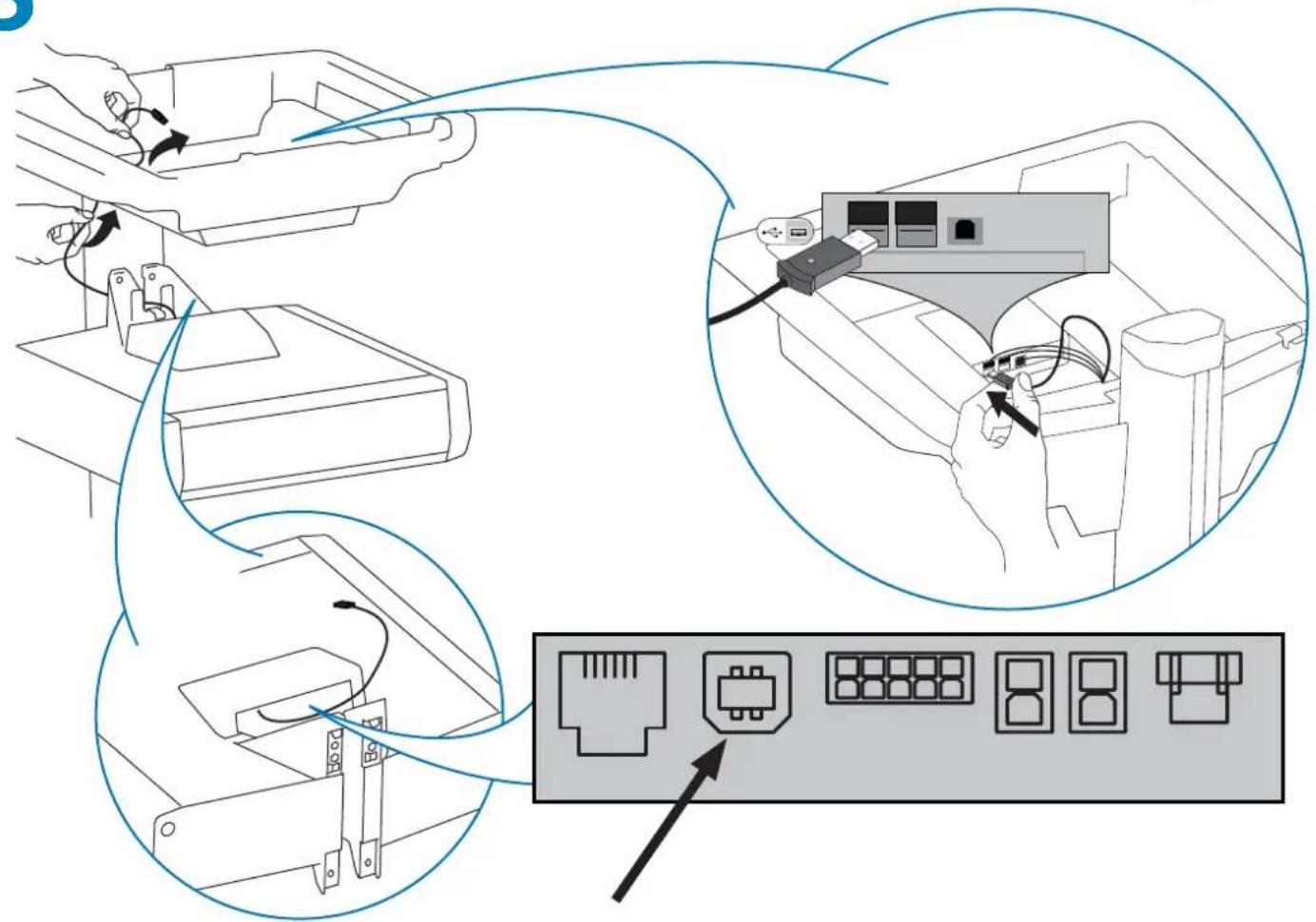 Diagram illustrating network device connection with labeled ports and cable routing steps