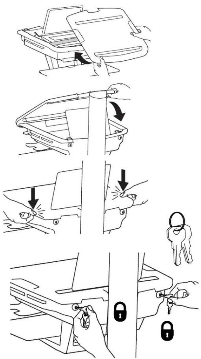 Diagram illustrating how to adjust key keys from a printer, showing step-by-step assembly and lock mechanism.