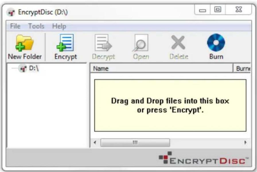 EncryptDisc (D:\ File Tools Help New Folder Encrypt Decrypt Open Delete Burn Name Drag and Drop files into this box or press 'Encrypt'. ENCRYPTDisc™