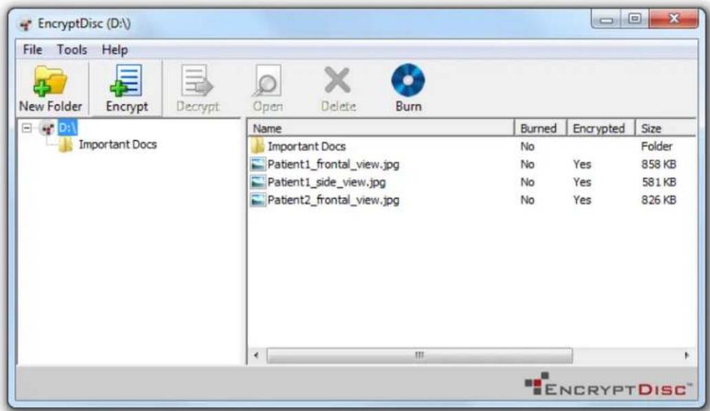 EncryptDisc (D:\ File Tools Help New Folder Encrypt Decrypt Open Delete Burn Important Docs Name Burned Encrypted Size Important Docs No Folder Patient1_frontal_view.jpg No Yes 858 KB Patient1_side_view.jpg No Yes 581 KB Patient2_frontal_view.jpg No Yes 826 KB