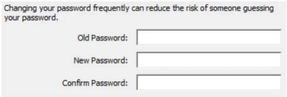 Changing your password frequently can reduce the risk of someone guessing your password. Old Password: New Password: Confirm Password: