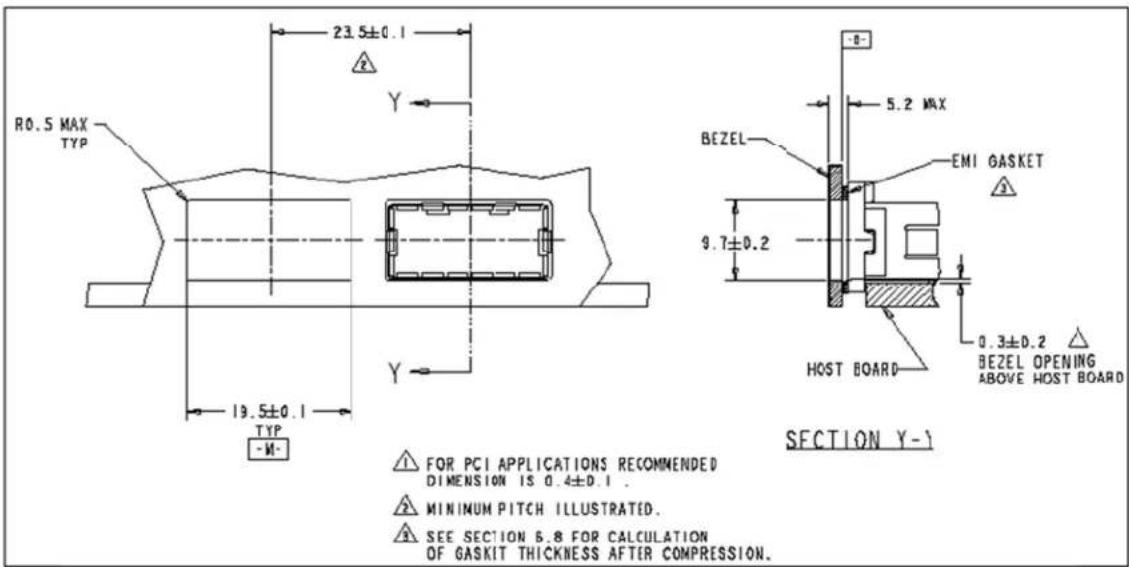23.5±0.1 R0.5 MAX TYP 19.5±0.1 TYP -W- Y Y 5.2 MAX BEZEL EMI GASKET 9.7±0.2 HOST BOARD 0.3±0.2 BEZEL OPENING ABOVE HOST BOARD SECTION Y-1 ① FOR PCI APPLICATIONS RECOMMENDED DIMENSION IS 0.4±0.1 . ② MINIMUM PITCH ILLUSTRATED . ③ SEE SECTION 6.8 FOR CALCULATION OF GASKIT THICKNESS AFTER COMPRESSION.