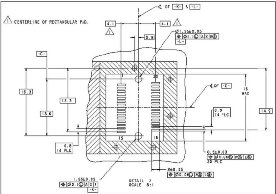 CENTERLINE OF RECTANGULAR PAD. 4.1 4.1 Ø1.5±0.05 Ø1.1 A X K$ -L- C- 16.3 15.3 13.6 0.8 1.4 PLC 15 30 16 2±0.05 Ø0.0 K$ 14.9 Ø OF -C- 16 MAX 0.8 14 ³LC 0.5±0.03 Ø 0.06 K S L$ 30 PLC 1.55±0.05 Ø 0.1 A X Y -K- DETAIL Z SCALE 8:1