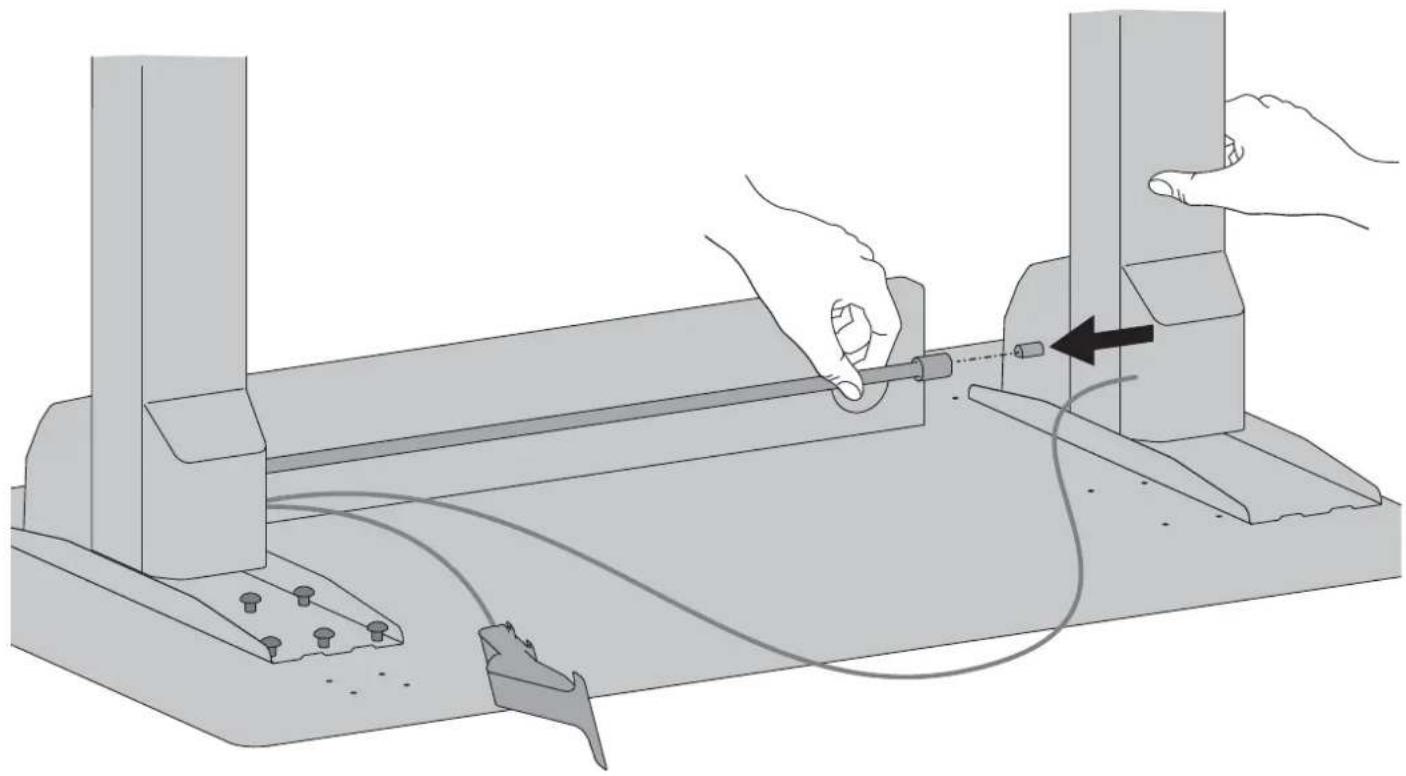 Illustration of hands operating a mechanical setup with a tool and cable, no text or symbols present