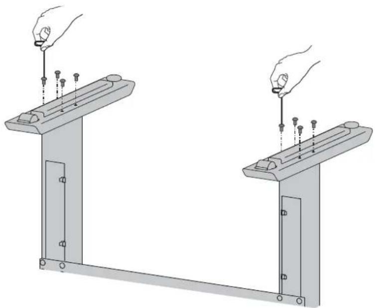 Technical illustration of two mechanical assembly setups with hands adjusting components (no text or symbols)