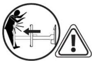 Safety warning symbol showing a person using a tool to prevent accidents, with an exclamation mark indicating danger.