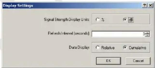 Display Settings Signal Strength Display Units: 0 % Refresh Interval (seconds): 3 Data Display: Relative Cumulative OK Cancel