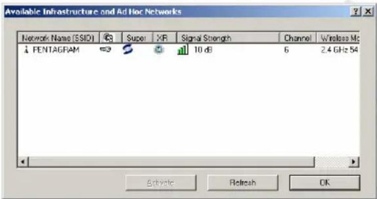 Available Infrastructure and Ad Hoc Networks Network Name (SSID) Super XR Signal Strength Channel Wireless Mc FENTAGRAM 10 dB 6 2.4 GHz 54 Activate Refresh OK