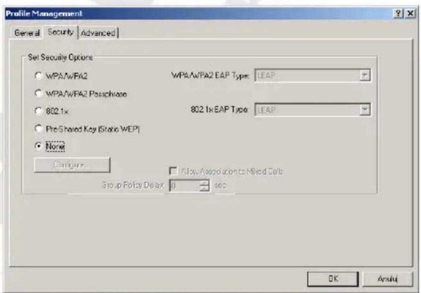 Profile Management General Security Advanced Set Security Options WPA/WPA2 WPA/WPA2 EAP Type: LEAP WPA/WPA2 Passchrose 802.1x 802.1x EAP Type: LEAP Pre-Sliced Key (Static WEP) None Configure Allow Association to Mixed Cells Group Policy Delay 0 sec OK Anulu