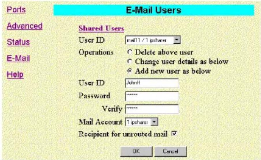 Ports E-Mail Users Advanced Shared Users Status User ID mail1/1 pshare Operations Delete above user Change user details as below Add new user as below E-Mail Help User ID JohnH Password *** Verify *** Mail Account 1pshare Recipient for unrouted mail OK Cancel