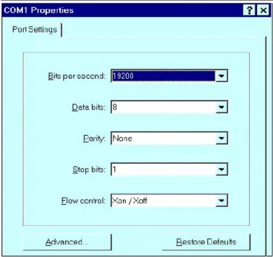 COM1 Properties Port Settings | Bits per second: 19200 Data bits: 8 Parity: None Stop bits: 1 Flow control: Xon /Xoff Advanced... Restore Defaults