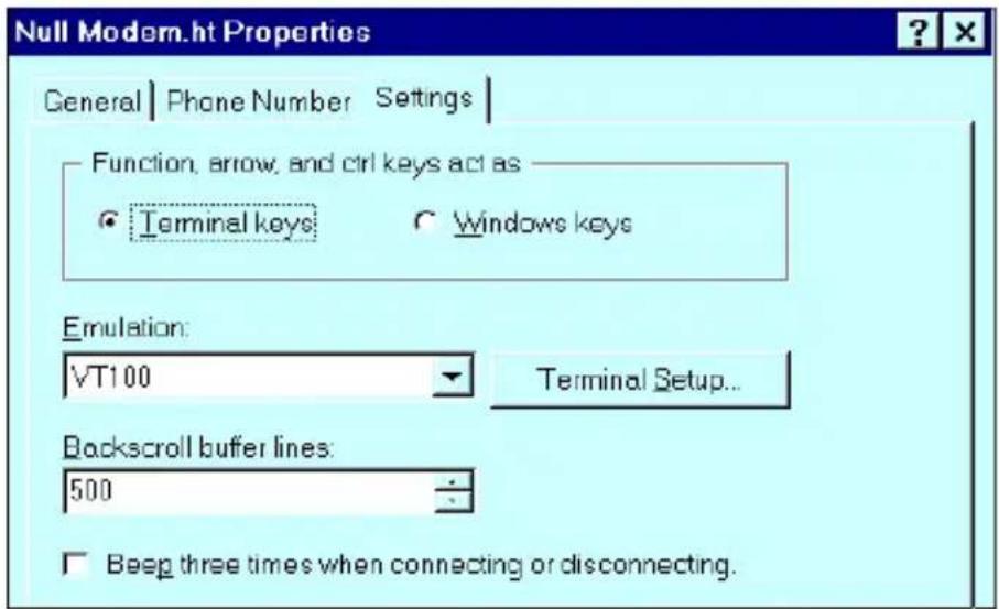 Null Modem.ht Properties General | Phone Number Settings | Function, arrow, and ctrl keys act as Terminal keys Windows keys Emulation: VT100 Terminal Setup... Backscroll buffer lines: 500 Beep three times when connecting or disconnecting.