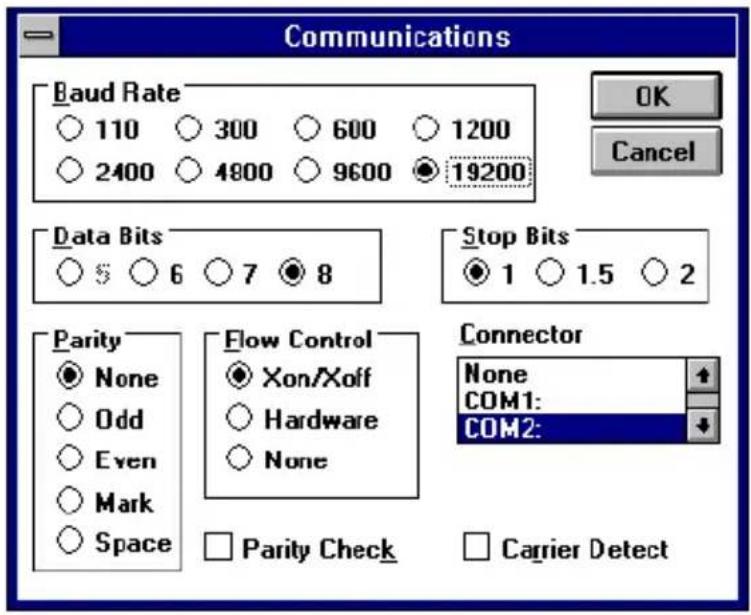 Communications Baud Rate 110 300 600 1200 2400 4800 9600 19200 OK Cancel Data Bits $ 6 7 8 Stop Bits 1 1.5 2 Parity None Odd Even Mark Space Flow Control Xon/Xoff Hardware None Connector None COM1: COM2: Parity Check Carrier Detect