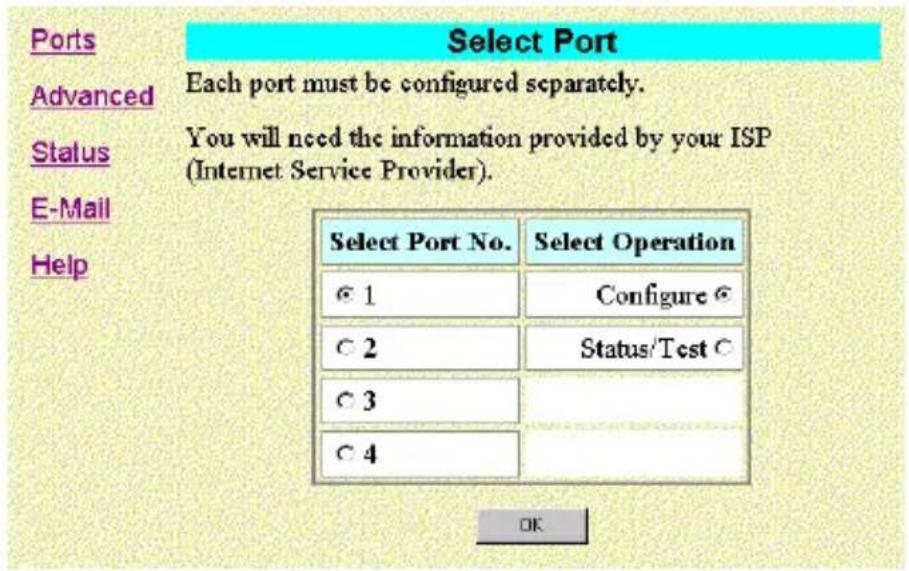 Ports Advanced Status E-Mail Help Select Port Each port must be configured separately. You will need the information provided by your ISP (Internet Service Provider). Select Port No. Select Operation © 1 Configure © © 2 Status/Test © © 3 © 4 OK