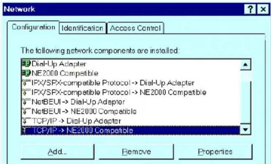 Network Configuration Identification Access Control The following network components are installed: Dial-Up Adapter NE2000 Compatible IPX/SPX-compatible Protocol -> Dial-Up Adapter IPX/SPX-compatible Protocol -> NE2000 Compatible NetBEUI -> Dial-Up Adapter NetBEUI -> NE2000 Compatible TCP/IP -> Dial-Up Adapter TCP/IP -> NE2000 Compatible Add... Remove Properties
