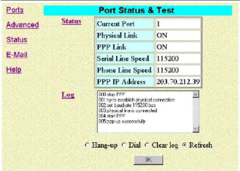 Ports Advanced Status Status E-Mail Help Log Port Status & Test Current Port 1 Physical Link ON PPP Link ON Serial Line Speed 115200 Phone Line Speed 115200 PPP IP Address 203.70.212.39 000 stop PPP 001 try to establish physical connection 002 set baud rate 115200 bps 003 physical line is connected 004 start PPP 005 ppp up successfully Hang-up Dial Clear log Refresh OK