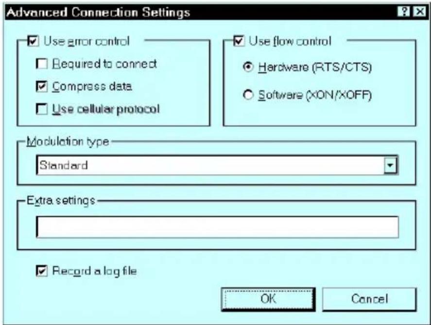 Advanced Connection Settings Use error control Required to connect Compress data Use cellular protocol Use flow control Hardware (RTS/CTS) Software (XON/XOFF) Modulation type Standard Extra settings Record a log file OK Cancel