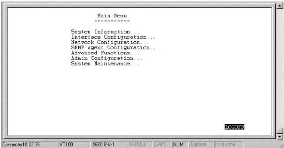 Main Menu System Information... Interface Configuration... Network Configuration... SNMP Agent Configuration... Advanced Functions... Admin Configuration... System Maintenance... LOGOFF Connected 0:22:39 VT100 9500 8-N-1 SCROLL CAPS NUM Capture Print echo
