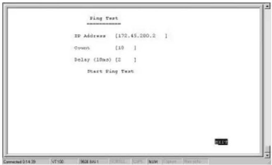 Ping Test IP Address [172.45.200.2 ] Count [10 ] Delay (10ms) [2 ] Start Ping Test Connected 014 39 VT100 SEOE BN-1 IORLL GPS NUM Open New echo EXIT