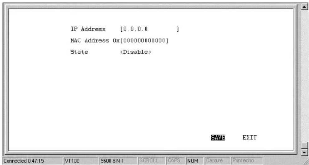 IP Address [0.0.0.0] MAC Address 0x[000000000000] State SAVE EXIT Connected 0:47:15 VT100 9600 8N-1 SCROLL CAPS NUM Capture Print echo